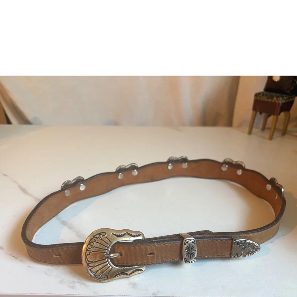 Vintage Western Tan Leather Scalloped Heart Concho Belt Silver Buckle Tip 26